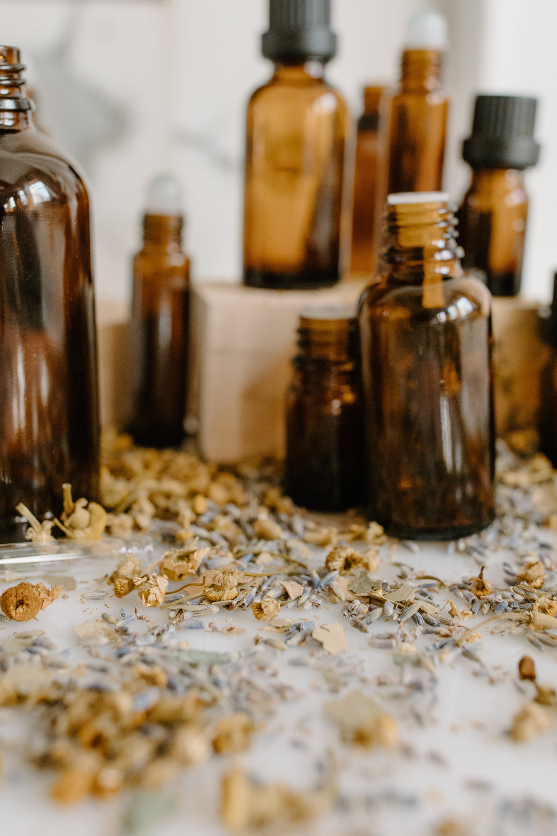 Amber bottles, Essential oils and botanicals. Natural Oils. 